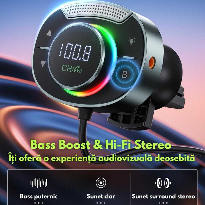 Modulator FM Auto Bluetooth 5.3 | Incarcare Rapida 48W,Microfon HD,RGB