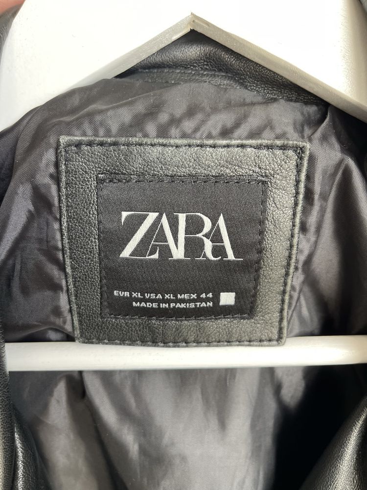 Черно мъжко кожено яке ZARA от естествена кожа, размер XL