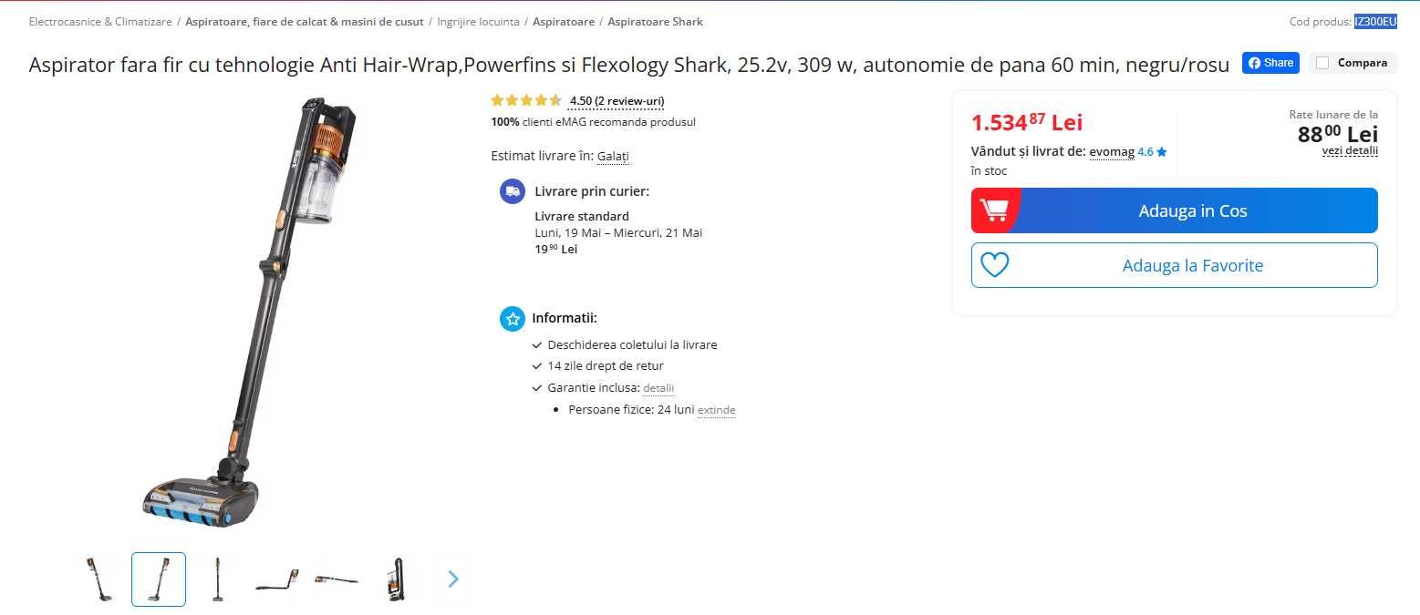 Aspirator fara fir cu tehnologie Anti Hair-Wrap Shark IZ300 4 culori