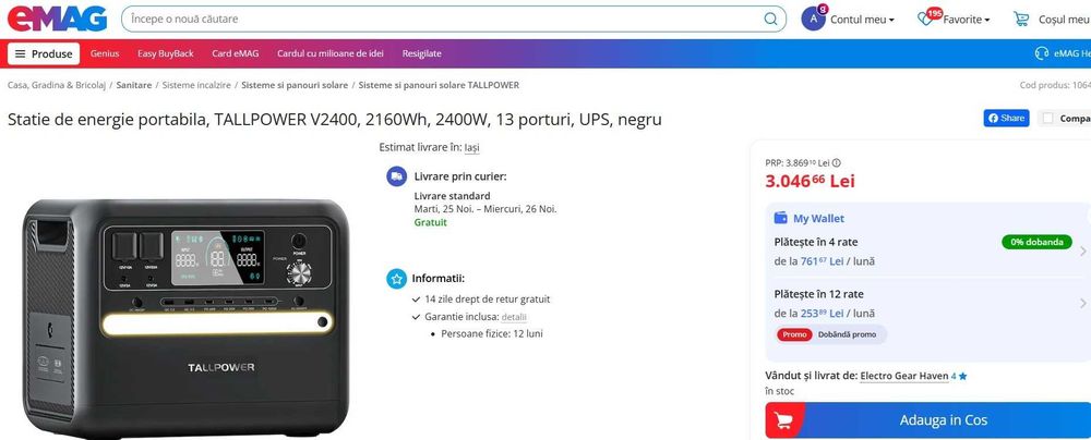 Generator portabil Tallpower V2400 LiFePO4 2.400W, 2.160Wh/Garanție!!