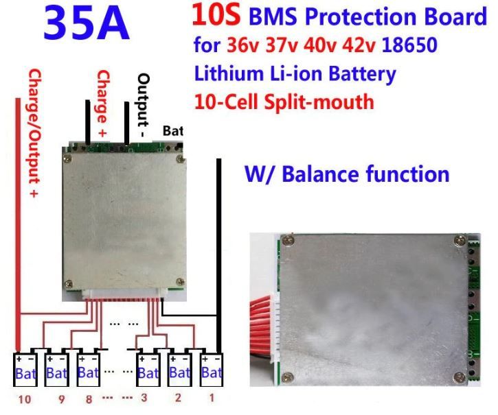 10S BMS 42V 35A, защитна платка с балансно зареждане, PCB BMS board