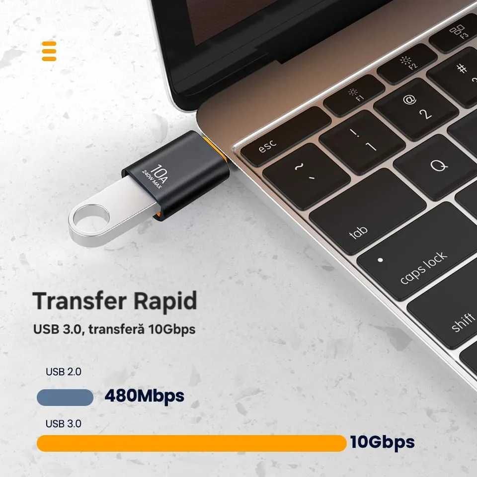 Set 3buc adaptor USB la TipC. Transfer fulger: 10Gbps. Fast charge.