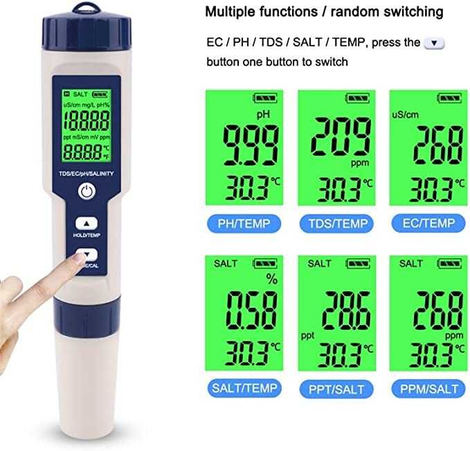 Tester de apa 5 in 1, testeaza PH, TDS, Temperatura, EC si Salinitatea