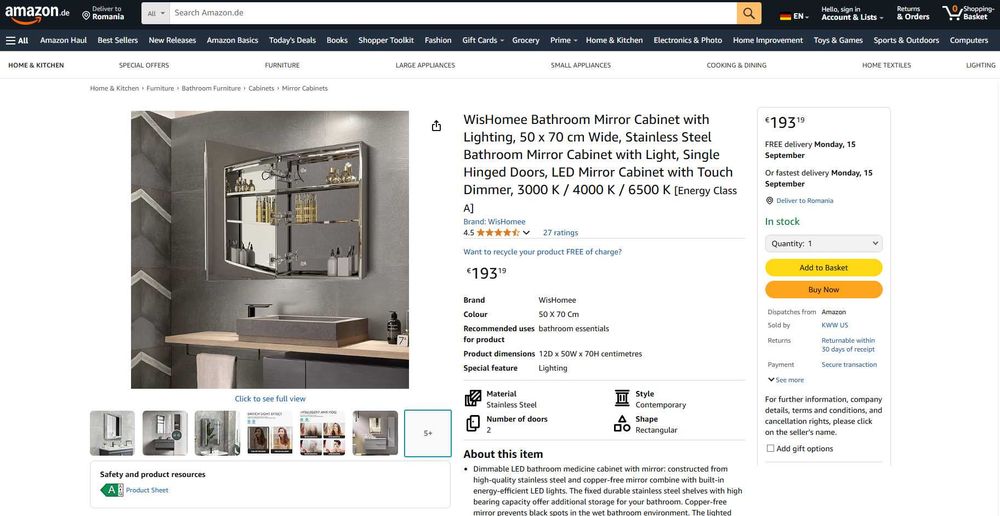 Dulap baie cu Oglinda + antiaburire+ LED 50x70cm, REDUS de la 980RON