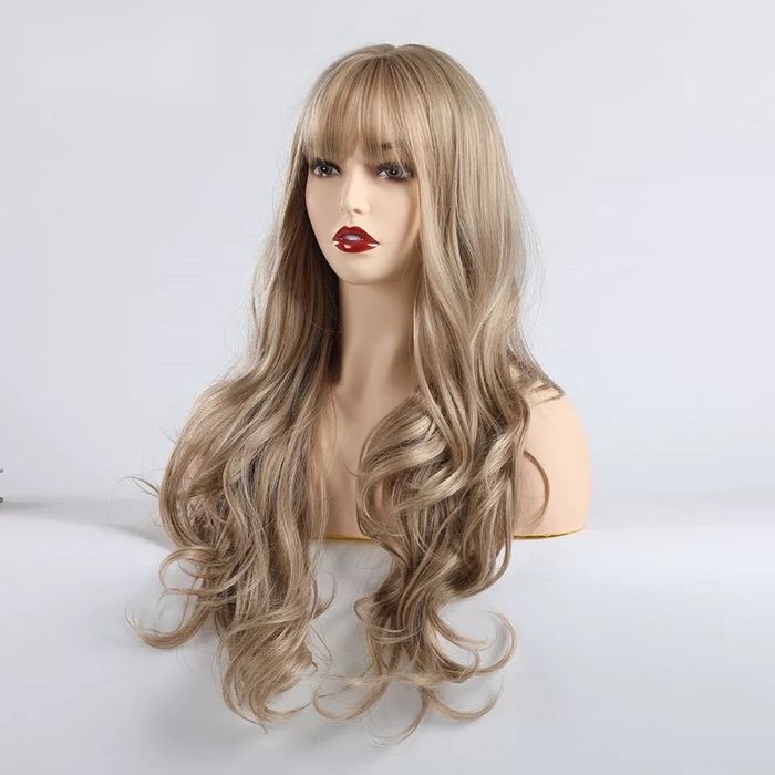 Peruca T21 blonda gri blond cenustiu breton lunga creata ondulata