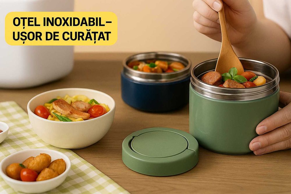 Caserola Termos pentru Mancare 630ml – Inox Premium Roz/Verde