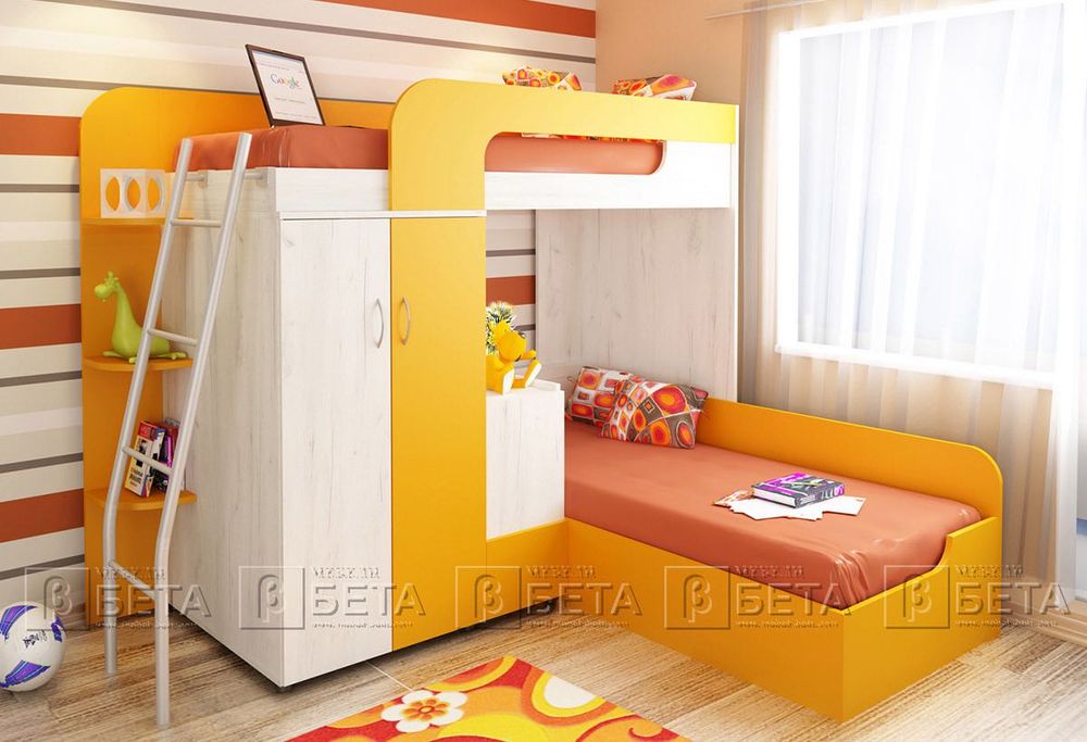 Детско двуетажно легло с гардероб, ракла и стълби