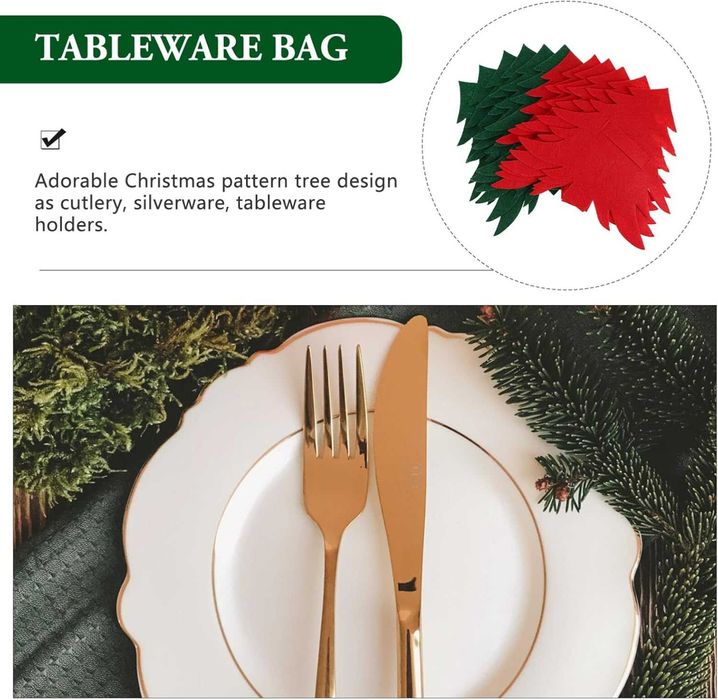 Set 12 suporturi pentru tacâmuri, model brad, din fetru, roșu & verde