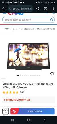 Monitor LED IPS AOC 15.6", Full HD, micro-HDMI, USB-C, Negru