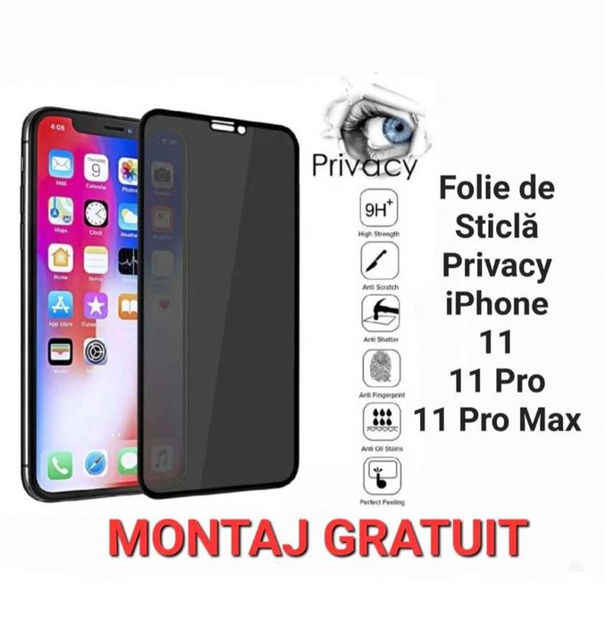Folie Full de Sticla Privacy iPhone 11 12 13 14 Plus Pro Max 16e