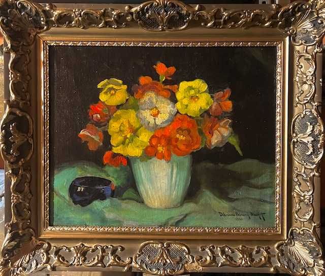 ”FLORI” -Tablou f VECHI -1940, restaurat, ulei/panza semnat, rama lemn