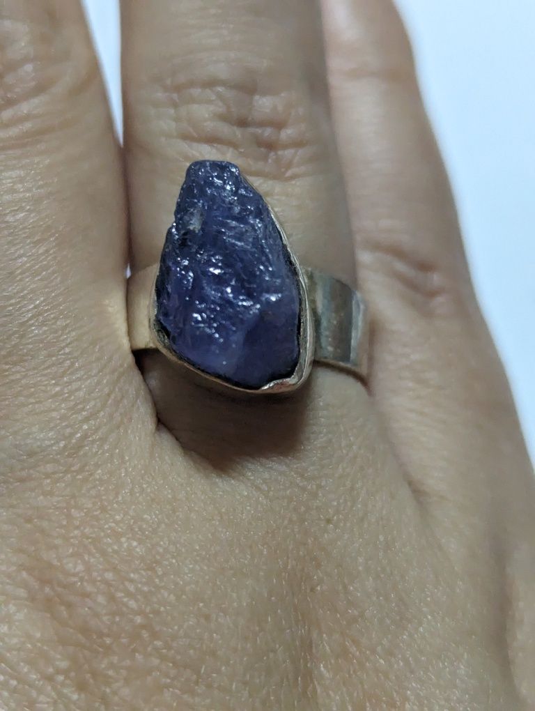 Vand inel din argint cu piatra bruta,bleu, Druzy