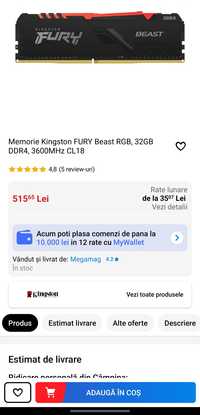 Memorie Kingston FURY Beast RGB, 32GB DDR4, 3600MHz CL18 in garantie