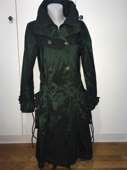 Френски нов бутиков шлифер тренч L Clara Couture зелен черно райе