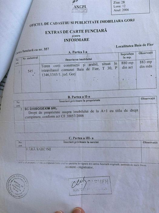 Vânzare teren Baia de Fier Centru