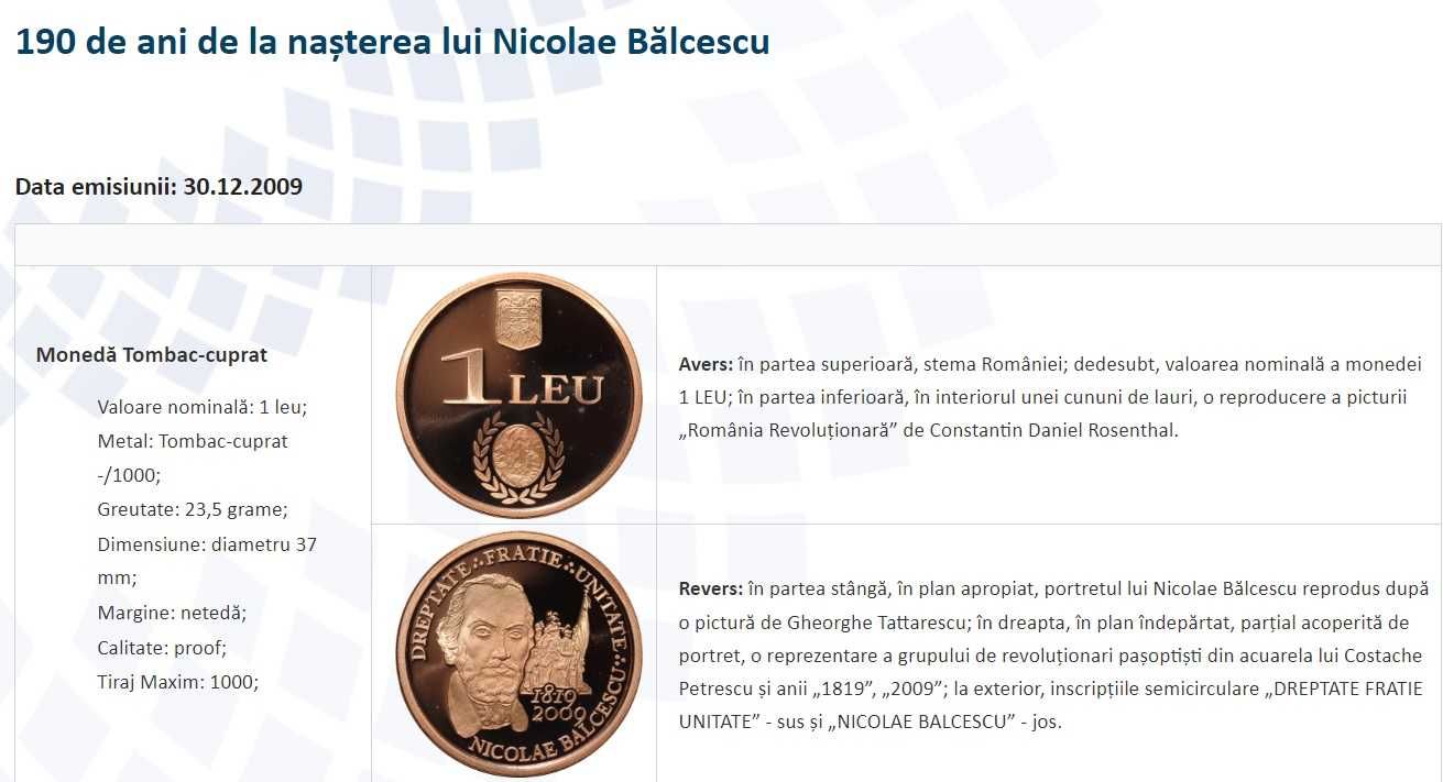 Moneda BNR 1 leu tombac Nicolae Balcescu gradata NGC PF 69 UC