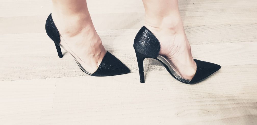 Pantofi dama cu toc, negri cu sclipici, toc 10 cm, mar. 37
