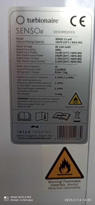 Dezumidificator Turbionaire SENSO 25, WiFi, garantie 06.11.2028