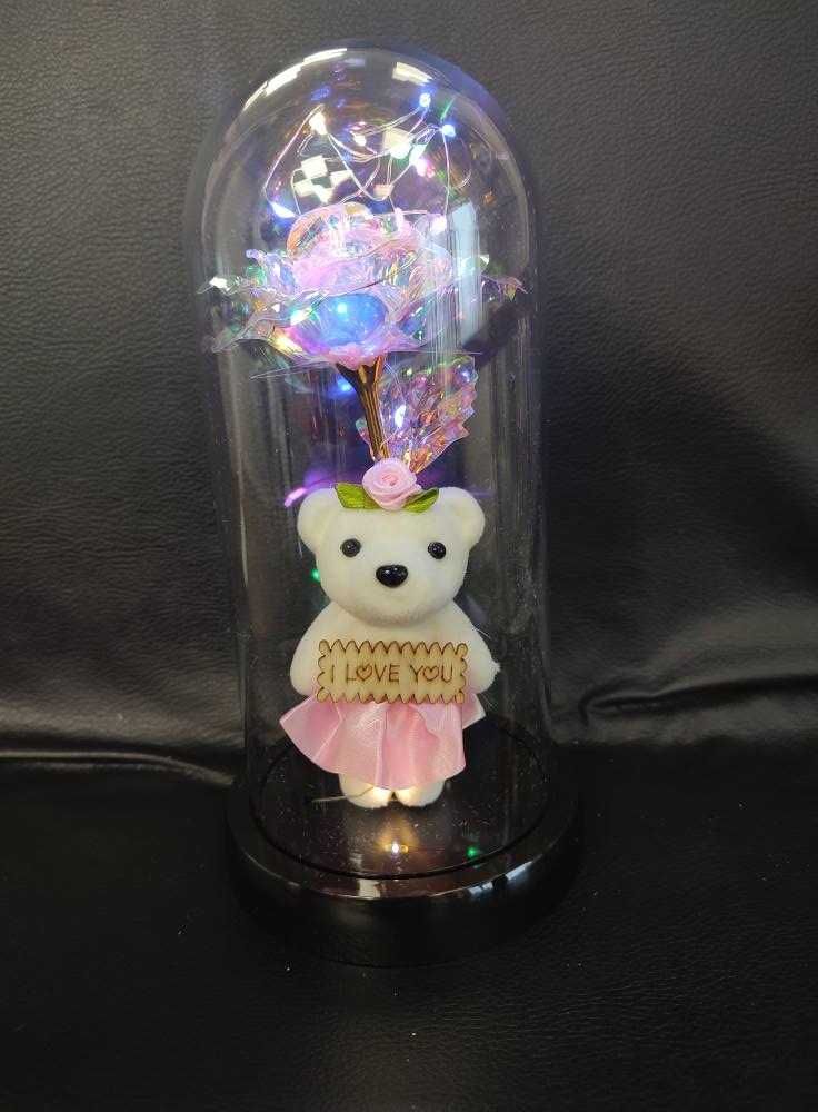 Мече с роза в стъклeница с LED светлинни ефекти и надпис I Love You