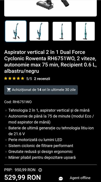 Aspirator vertical Rowenta dual force 2 in 1 RH6751WO