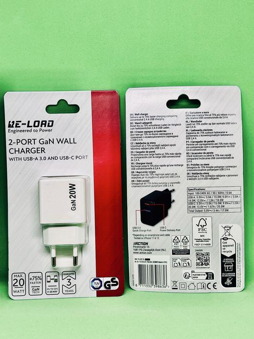 Încarcator rapid RE-LOAD (1 x USB-A 3.0, 1 x USB-C) 20W, NEGRU si ALB