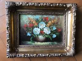 Tablou,pictura in ulei pe lemn,vaza cu flori,spaclu