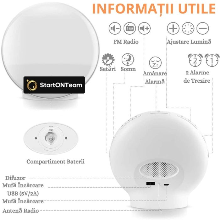 Lampa LED cu Radio FM, Alarma si Simulare Rasarit/Apus Soare Fara App