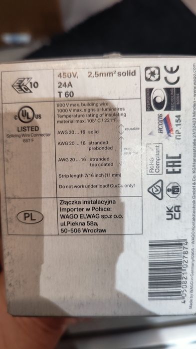 НОВИ ЦЕНИ Wago Ваго клеми ,дюбел за плосък кабел ТМТ , черен дюбел ТМТ