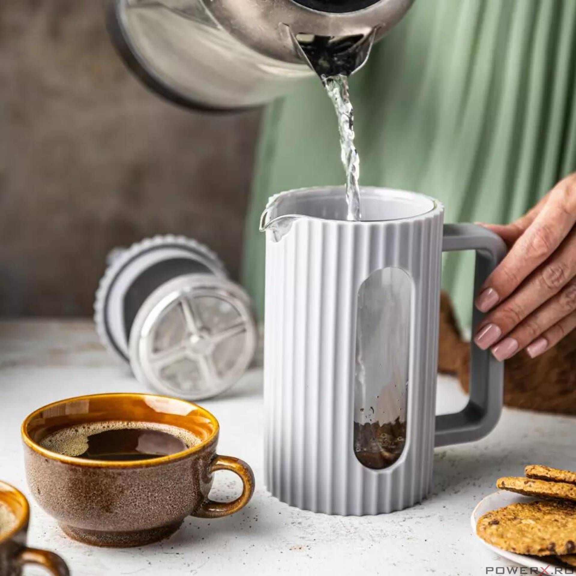 Infuzor de cafea si ceai cu capac si piston, 1l, gri, Klausberg