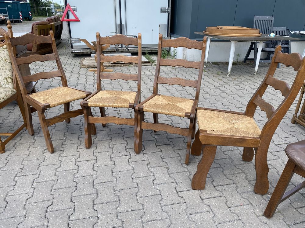 Scaune set superb 4 buc stejar masiv sezut ratan spira groasa, Olanda