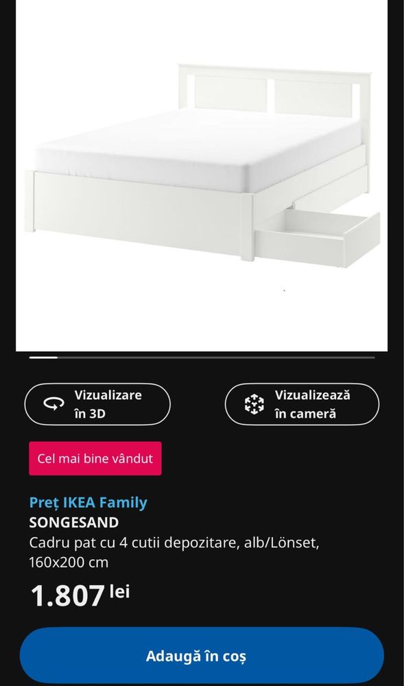Vand cadru pat cu 4 cutii depozitare + somiere