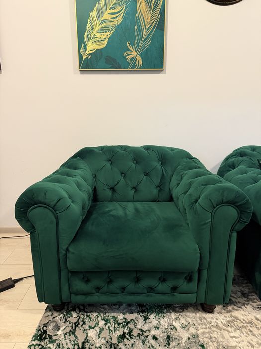 Canapea extensibila + fotoliu chesterfield verde