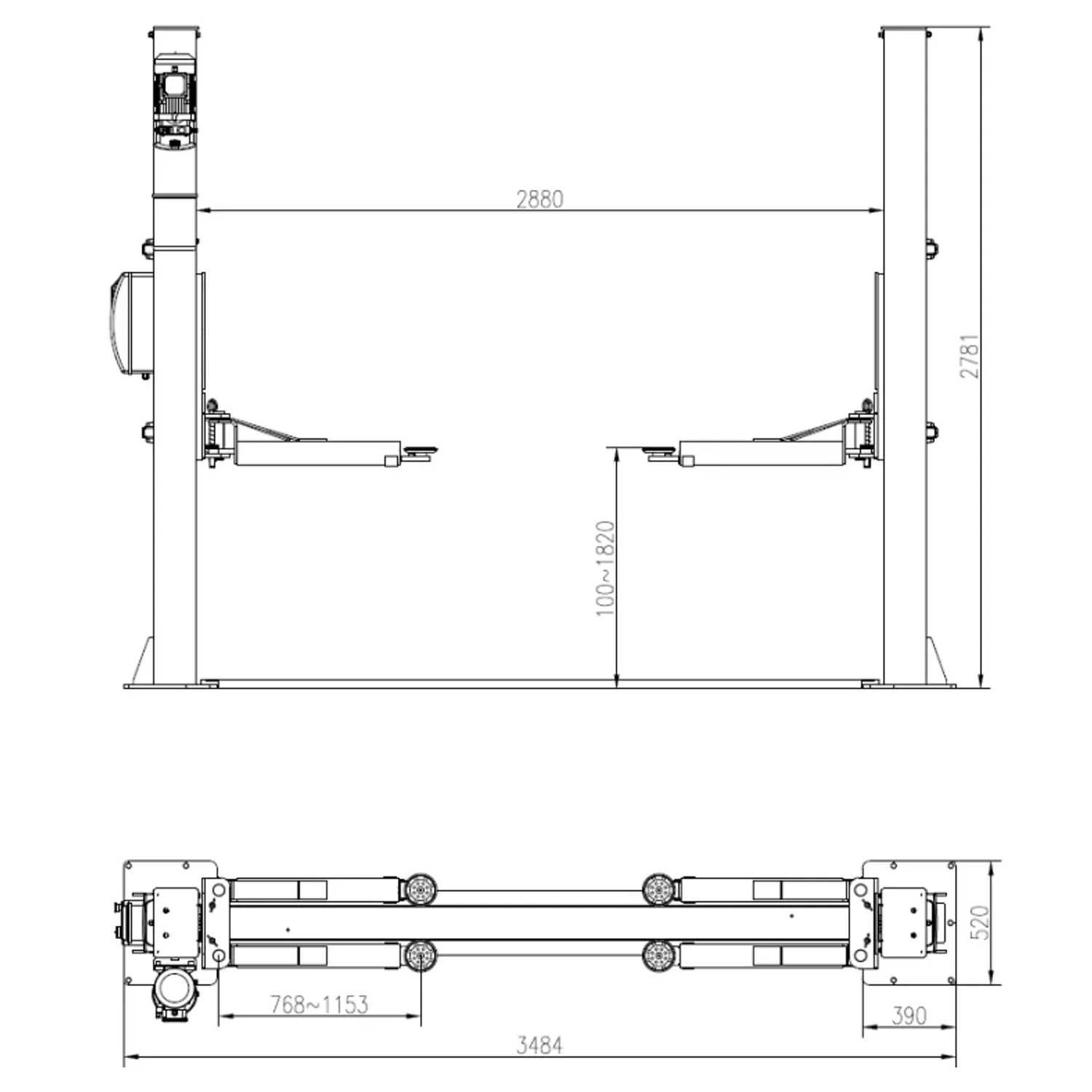 Elevator auto cu 2 coloane de 4T, brate cu 2 segmente