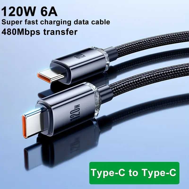 Високоскоростен 120W 6A Кабел за Супер Бързо Зареждане Тип C към Тип C