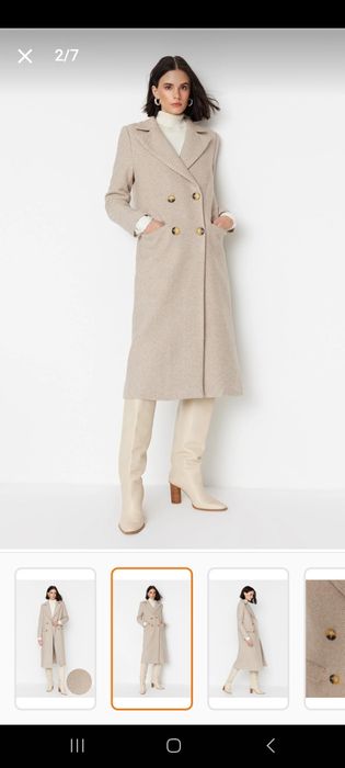 Стилно дамско дълго палто, с модерна шарка шеврон в бежово