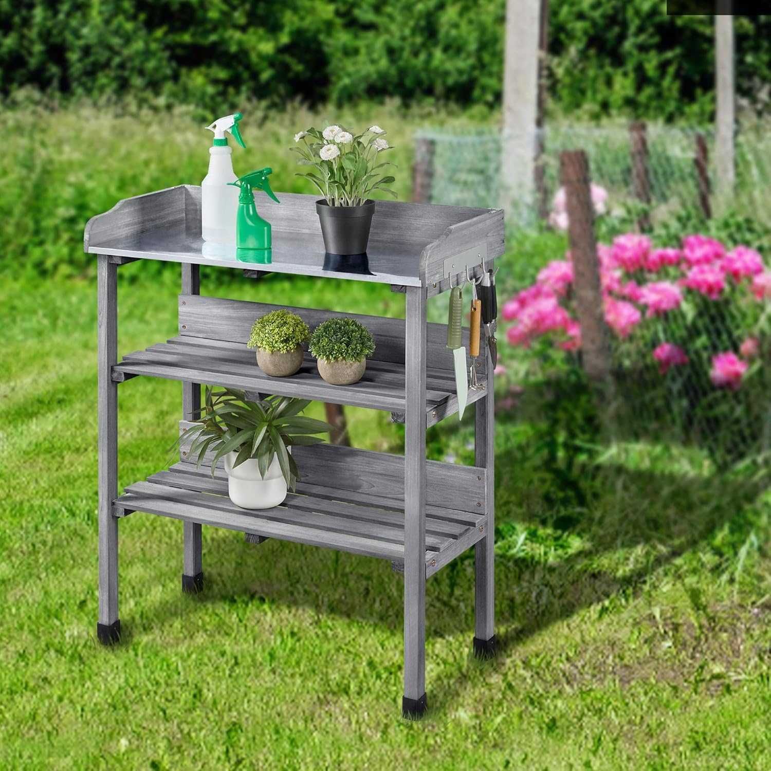 Masa gradinarit lemn brad 77x37x90 cm cu rafturi |YT 592913 Gray