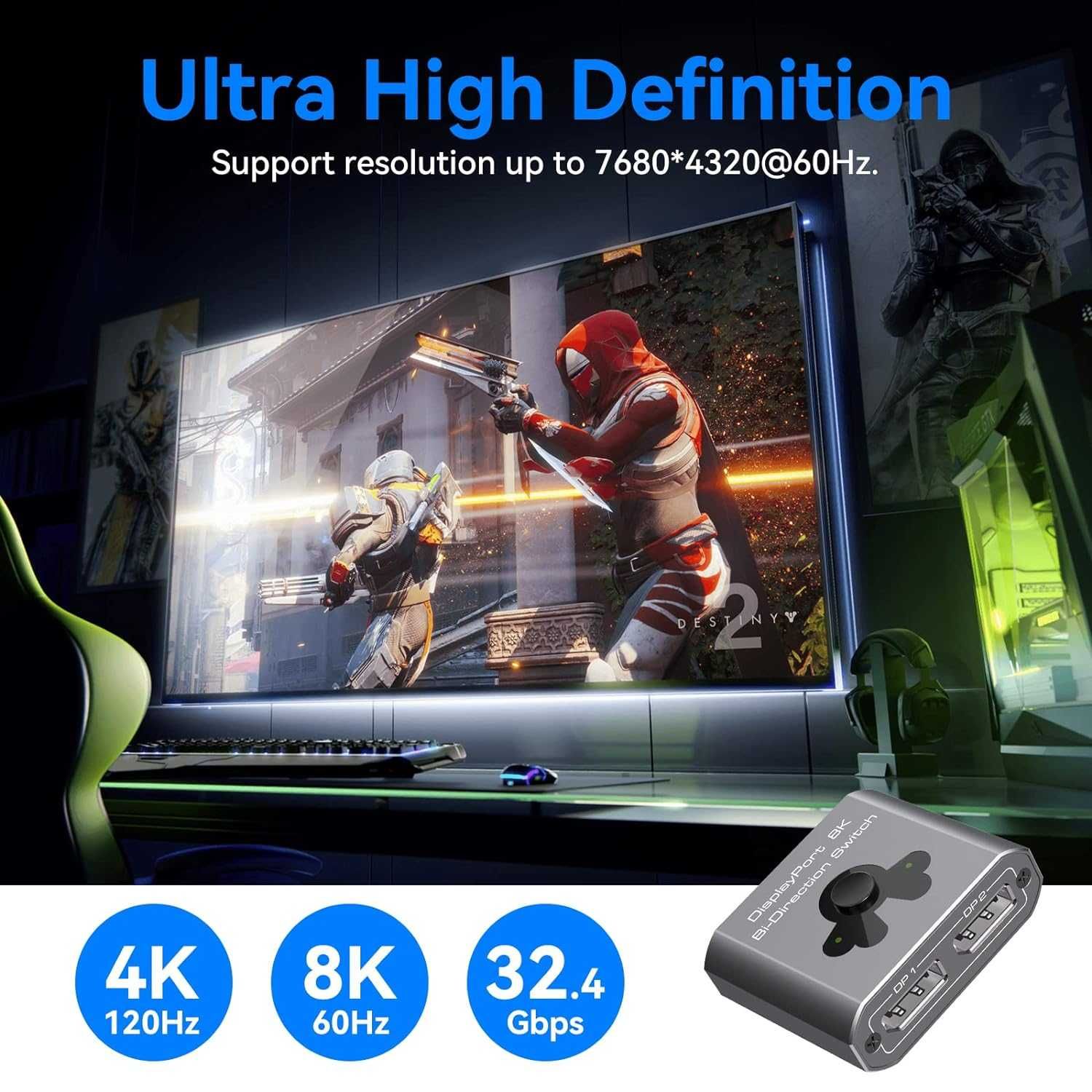 VEDINDUST Displayport Switch BiDirectional Splitter 8K-60Hz/4K-120Hz