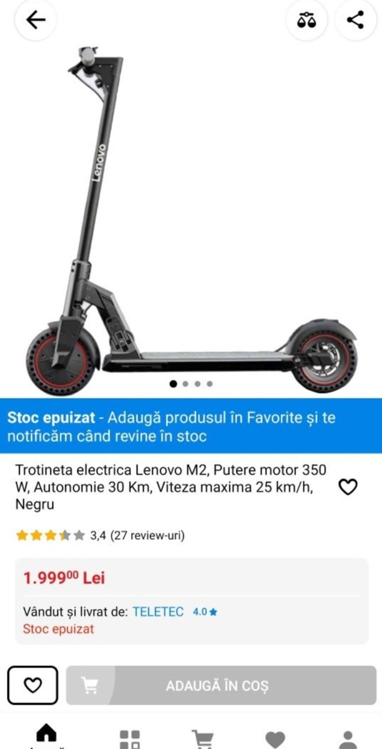 Trotinetă electrică Lenovo M2 putere motor 350W autonomie 30 km