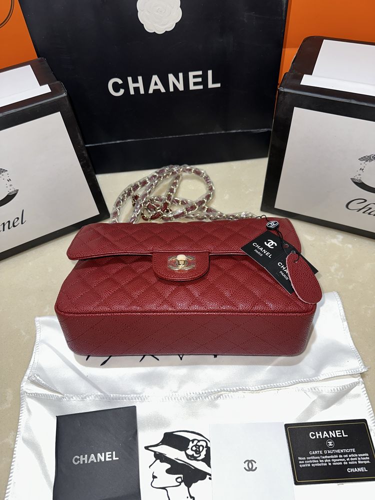 Geanta Chanel Piele naturala/Piele caviar Visiniu/Accesorii Gold