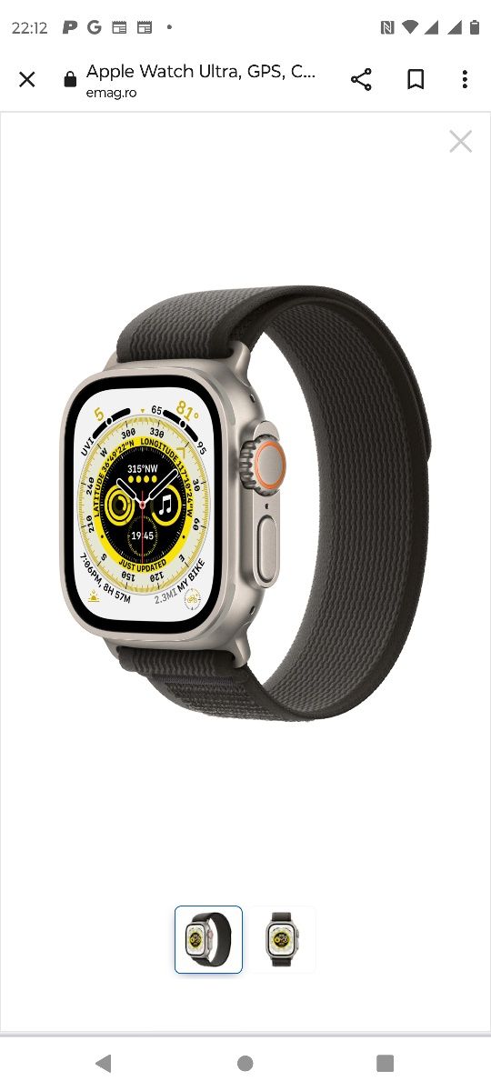 Apple Watch Ultra, GPS, Cellular, Carcasa Titanium 49mm, Black/Gray