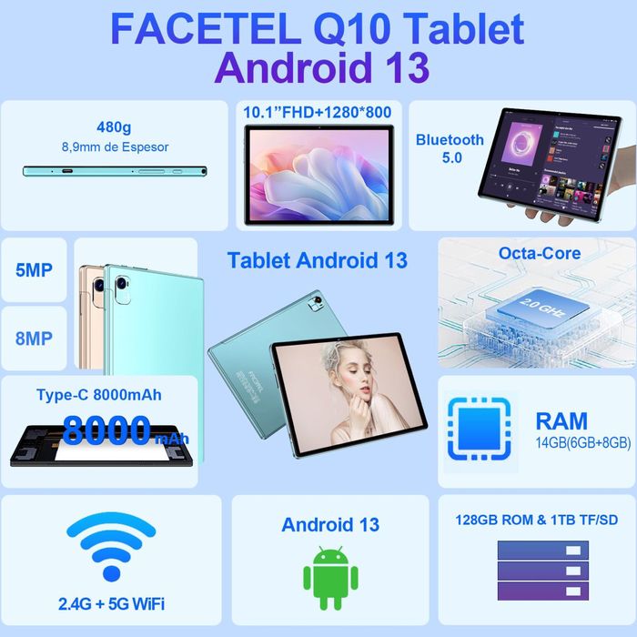 Tableta Facetel Q10,Android 13, 14 gb ram/128 gb rom Nou/ Sigilat