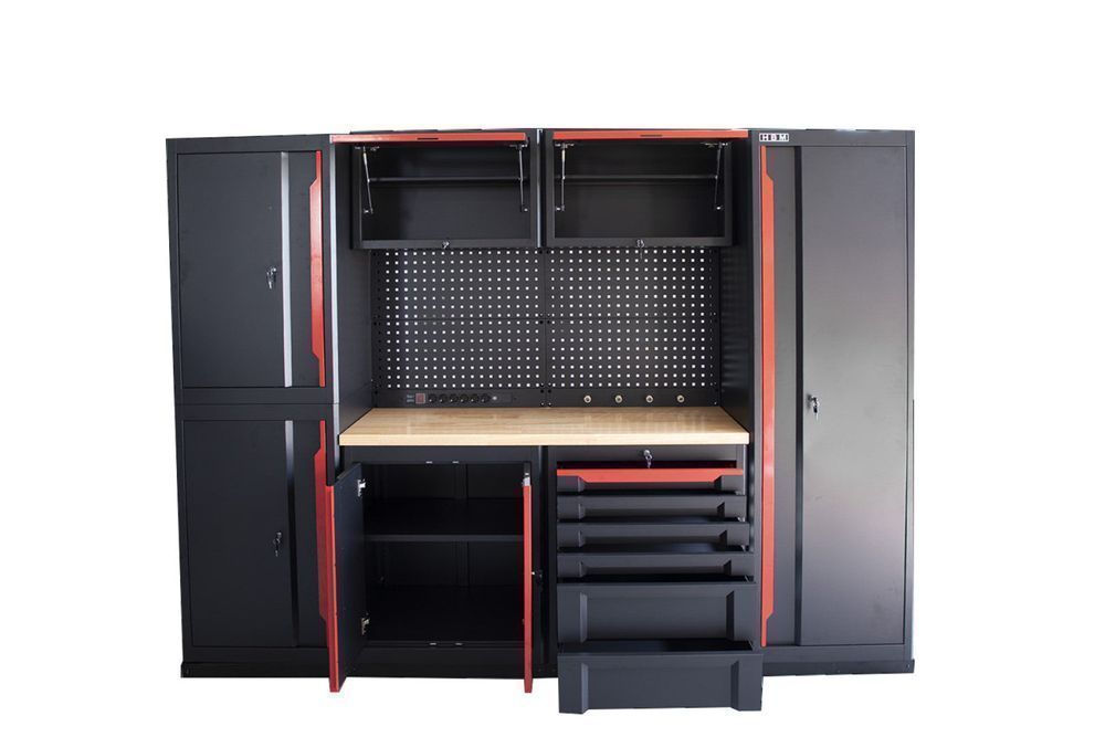 Set mobilier modular metalic pentru atelier 10 piese negru/rosu hbm