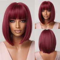 peruca VISINIE BURGUNDY bob drept cu breton, imita par natural