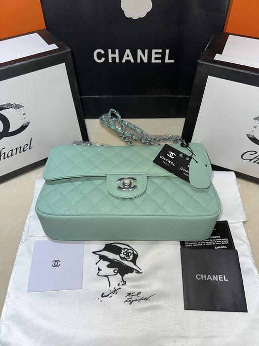 Geanta dama chanel 26cm verde menta cu accesorii argintii cadou c:83