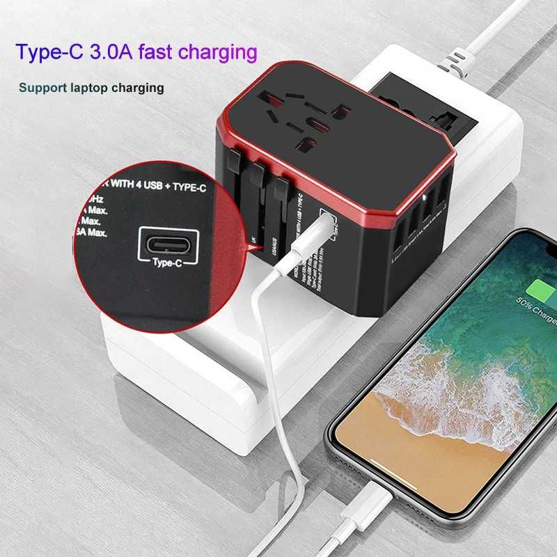 Adaptor Priza Universal Pentru Calatorii,  4xUSB Si 1 Type-C 3.0A NOU