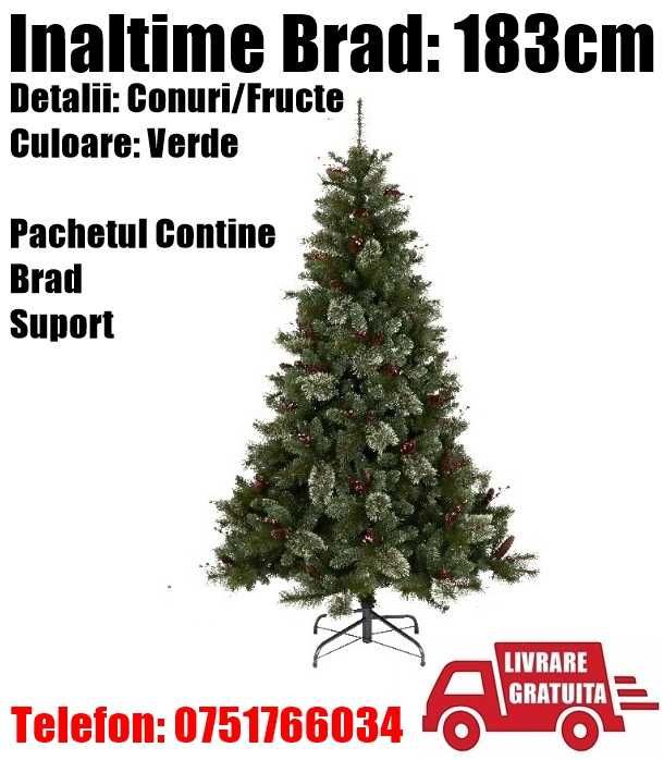 Brad Pom Artificial Verde Conuri Fructe Aspect Nins Craciun 1.83 Metri