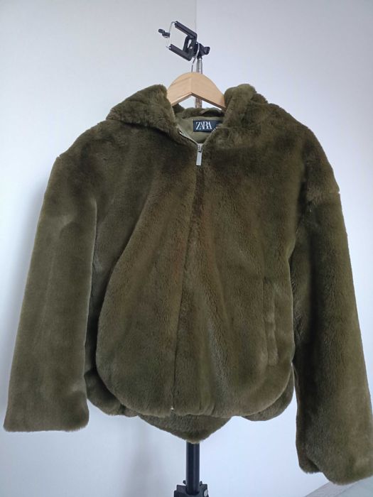 Geacă de blăniță sintetică verde închis ZARA, XS, cu glugă