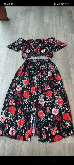 Set fustă - top, model boho, rosu cu negru, model spaniol