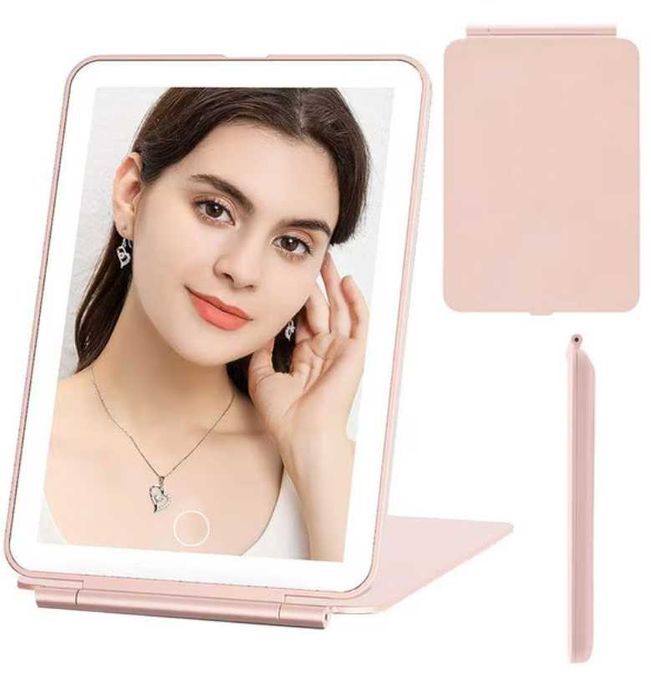 Oglinda cosmetica LED Verk Group pliabila, portabila,roz,incarcare USB