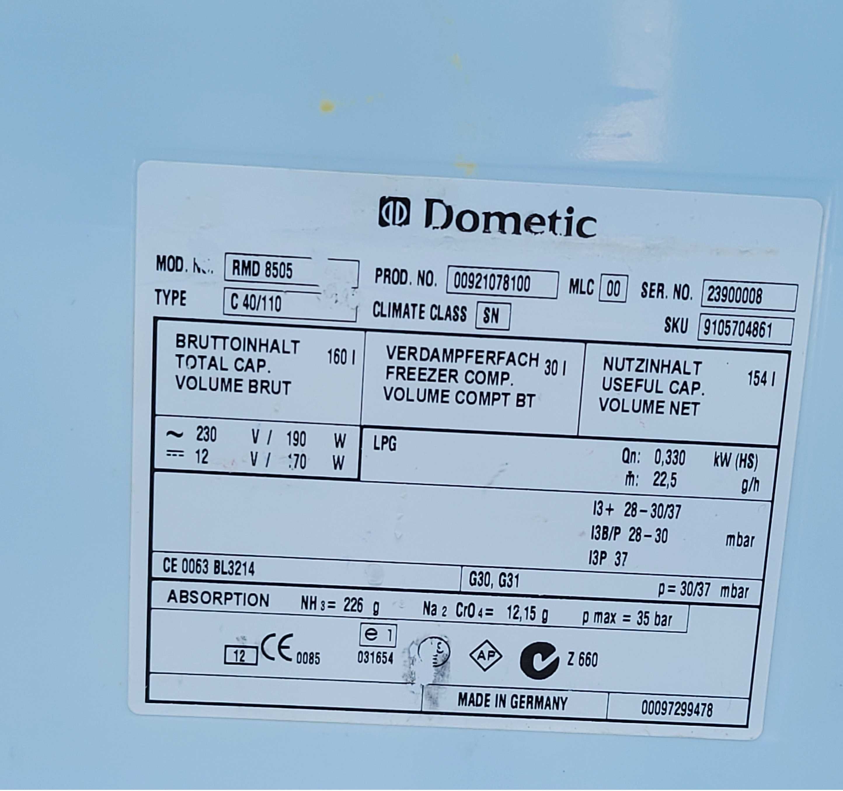 Frigider  Dometic RMD 8505  Absorbtie     12V  230V și Gaz